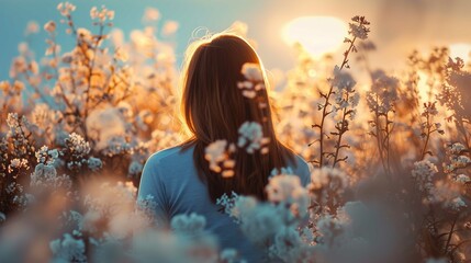 Wall Mural - A person is standing in a field of flowers during sunset. The individual is facing away from the camera, and their identity is concealed as their face isn't visible. Warm sunlight filters through the 