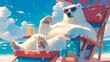 A polar bear lounging on the beach, wearing sunglasses and relaxing in an armchair with its paws outstretched, embodying summer vibes