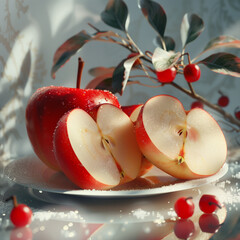 Sliced red apples with red berries on a plate