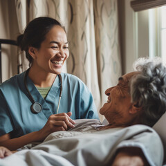 A smiling nurse assists an elderly woman in bed for disability, rehabilitation or recovery. Retirement, physiotherapy and home care, patient care with healthcare professionals