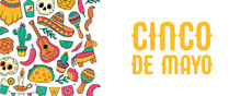 Cinco De Mayo Horizontal Banner With Border Of Doodles And Lettering Quote On White Background. Social Media Covers, Sale Leafles, Prints, Invitations, Templates, Etc. EPS 10
