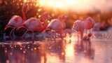 Fototapeta  - A group of flamingos wading in a shallow saltwater marsh at sunrise