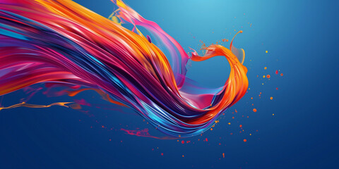 Wall Mural - Splash of multi-colored liquid paint on a blue background, abstract banner. Spray of rainbow paint poster. Bright colorful wallpaper. Digital raster bitmap. Photo style. AI artwork.