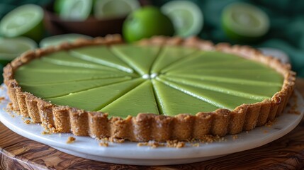   A pie atop a white plate, situated on a wooden table Nearby, a stack of green apples