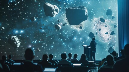 Public lecture by a scientist with asteroid orbit background on special day. Asteroid Day