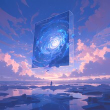 A Surreal Landscape Of Cosmic Wonder With A Floating Celestial Painting Over A Crystal-clear Lagoon At Sunrise.