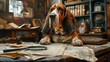 Basset hound in a detective setup, magnifying glass, clue papers around