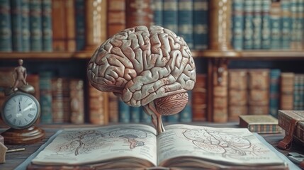 Detailed model of the human brain on a desk surrounded by medical textbooks