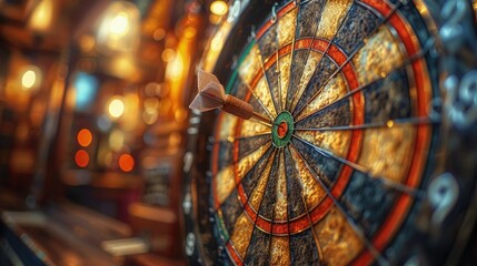 Wall Mural - Darts player aiming at bullseye, pub setting, sharp focus on dart