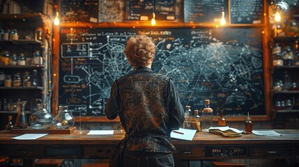 quantum physicist programming ai models, complex equations on blackboards, deep focus