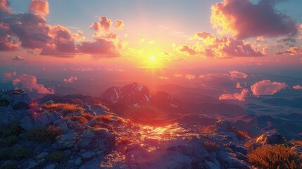 Wall Mural - Sunrise view from a mountaintop, expansive horizon bathed in golden light, inspiring vastness