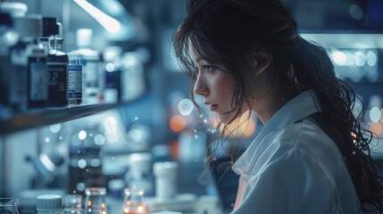 woman in a lab coat at a pharmaceutical company examining a new drug formula