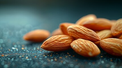   A stack of almonds atop a blue counter, adjacent to another stack of almonds