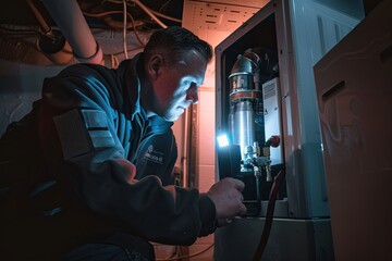 Technician Looking Over A Gas Furnace