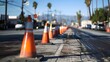 Urban Street Scene with Orange Traffic Cones Lining a Road under Construction. Blurry Background Capturing City Vibe. Daylight Cityscape Photo. AI
