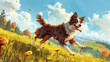 A painting depicting a dog joyfully running through a vast field filled with wildflowers under a bright blue sky