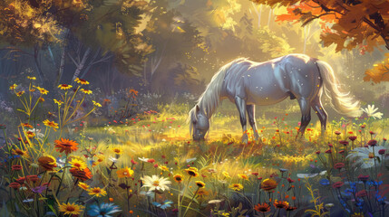 Wall Mural - A white horse peacefully grazes among a vibrant field of colorful flowers under the bright sun