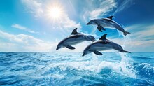 Graceful Dolphins Leaping Over Sea Waves Under Blue Sky. Capturing Wildlife In Motion. Perfect For Nautical Themes And Nature Lovers. AI