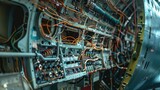 Fototapeta  - Intricate aircraft wiring and electronic components inside airplane fuselage