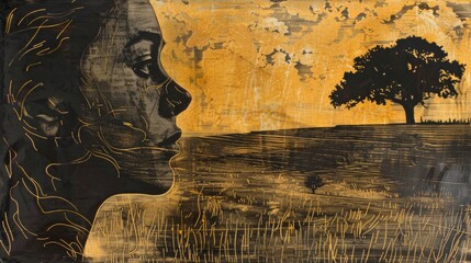 Sticker - A painting of a woman's face with the silhouette of an oak tree in the background, AI