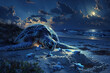moonlit sea turtle on a sandy beach with night sky