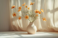 Warm Sunlight Casting Shadows On Orange Cosmos Flowers In A Ceramic Vase
