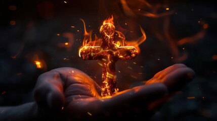 Wall Mural - Hand holding a glowing fire cross shaped on dark background