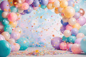 balloon arch decoration in pastel colors with confetti and festive atmosphere