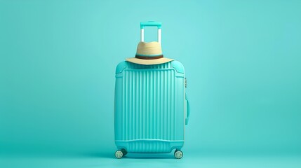 Wall Mural - Aqua blue suitcase ready for adventure. Stylish travel concept with hat. Minimalist luggage on turquoise background. Pack up for journey. AI