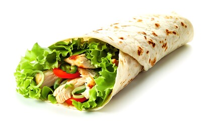 Poster - Fresh chicken wrap with vegetables on white background. Healthy meal option, perfect for quick lunch. Simple, nutritious, and delicious. AI