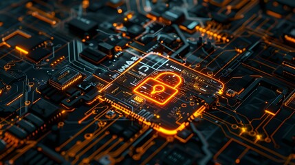 Poster - Illuminated Cybersecurity Lock Icon on Circuit Board - Technology and Data Protection. Secure Digital Hardware Concept. AI