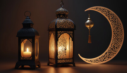 Islamic lantern, Eid Mubarak, Eid al-Adha banner. Eid Al-Adha Mubarak is a celebration of the holiday of the Muslim community against the background of the Arab landscape. celebrating the Islamic Rama