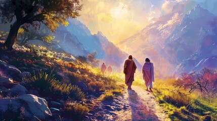 Wall Mural - A vibrant scene of Jesus walking with his disciples on the road to Emmaus AI generated illustration