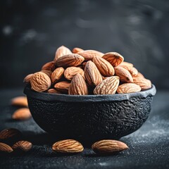   A bowl of almonds rests atop a black countertop, adjacent to a mound of almonds