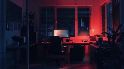Poster - An AI-generated artwork of a dark office with a desk illuminated by night lights AI generated illustration
