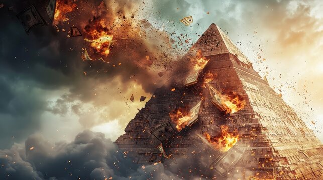 An artistic interpretation of a financial pyramid collapsing AI generated illustration