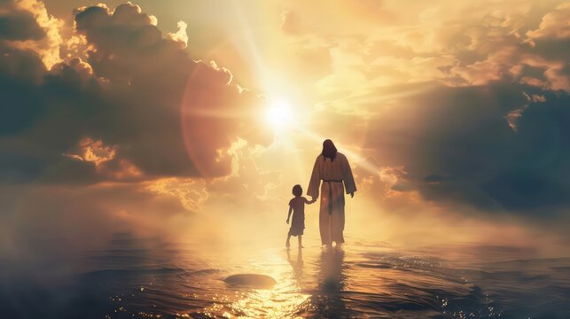 Jesus walking with a kid. Artistic composite image. Rear view. Conceptual  illustration