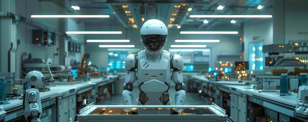 Poster - Advanced robotics technology in a state-of-the-art lab with humanoid robots
