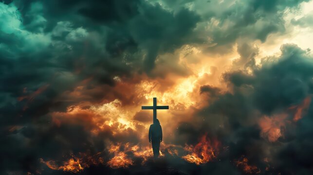 Man in worship in front of the cross in the dramatic cloudy sky with fire