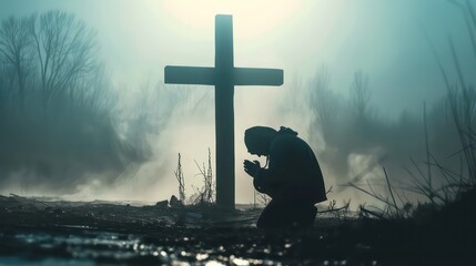 Wall Mural - Man praying in front of a cross with copy space. Man praying in front of a cross with copy space