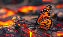 Close-up Of A Monarch Butterfly Resting On A Textured, Glowing Lava Bed At Sunset