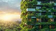 The facade of an apartment building is covered in lush greenery, creating a beautiful and sustainable urban living space.