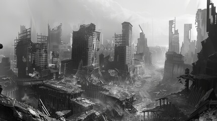 Wall Mural - Architectural drawing of a post-apocalyptic cityscape  AI generated illustration