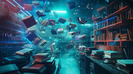 Wall Mural - Books flying around in a futuristic workspace  AI generated illustration