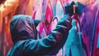 Close up of a cyberpunk neon colored graffiti tagger at work  AI generated illustration