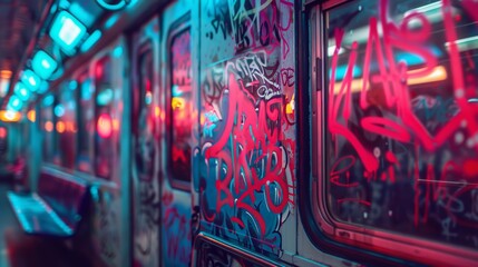 Poster - Close up of neon colored cyberpunk graffiti tags on a train  AI generated illustration