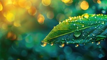 Closeup Of Serene Green Leaf With Glistening Water Droplets Illuminated By Soft Natural Lighting