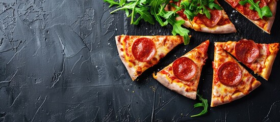 Pepperoni pizza slices with arugula salad on a dark background, seen from above with space for text.