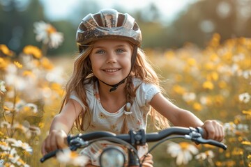 An adorable girl wearing a cycling helmet rides her bike among daisies in a sunny field