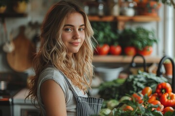 Wall Mural - A beautiful young woman stands in a kitchen full of fresh vegetables, smiling